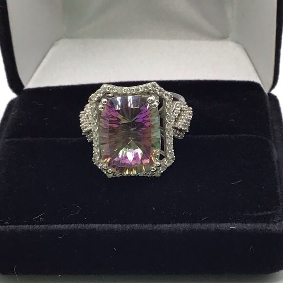 925 Sterling Silver Mystic Topaz CZ Halo Cocktail Ring Size 7.5 Multicolor - Picture 5 of 16